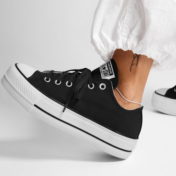 Converse Black Canvas Low Top Platform Sneakers 7 - Picture 1 of 7